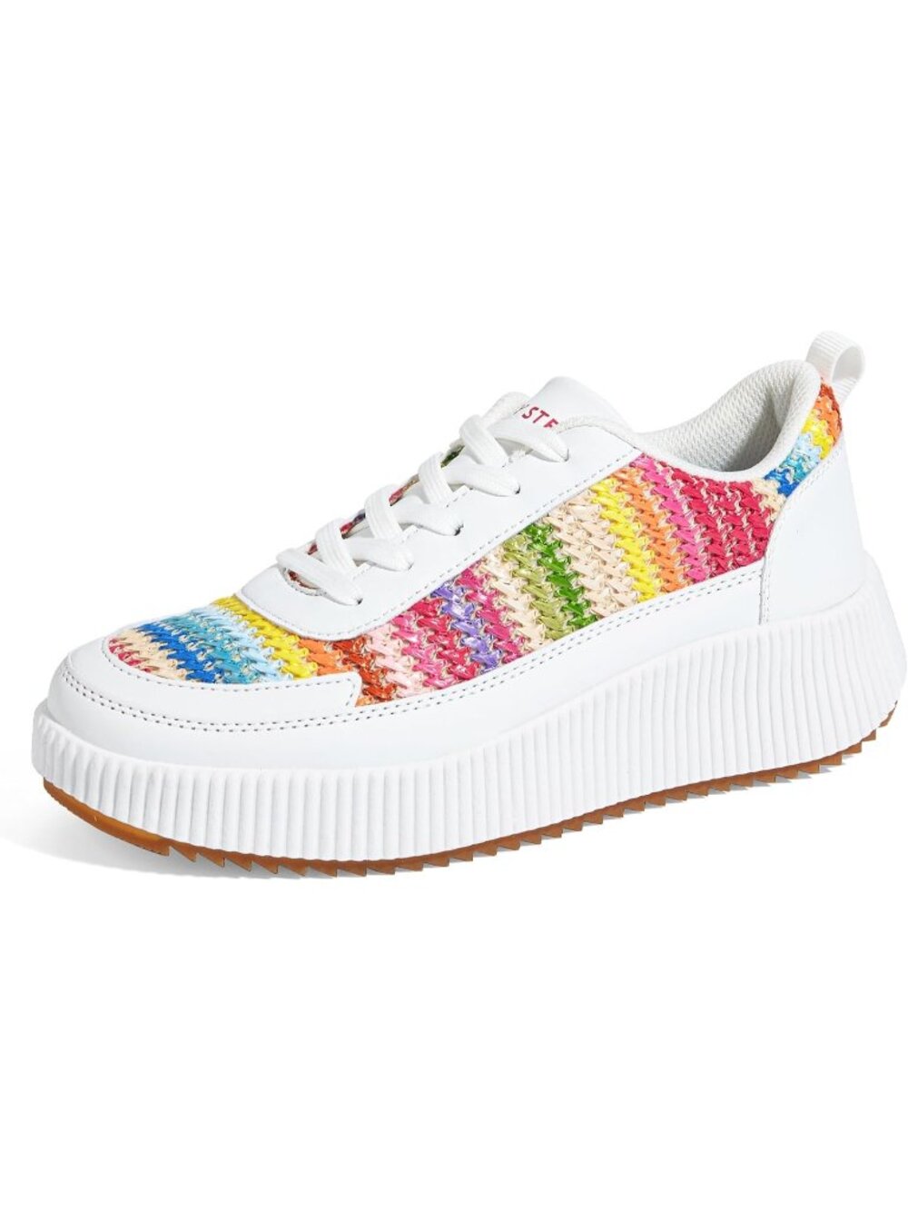 Women White Rainbow Knit Woven Platform Lace Up Anti Slip Durable Chunky Sneaker